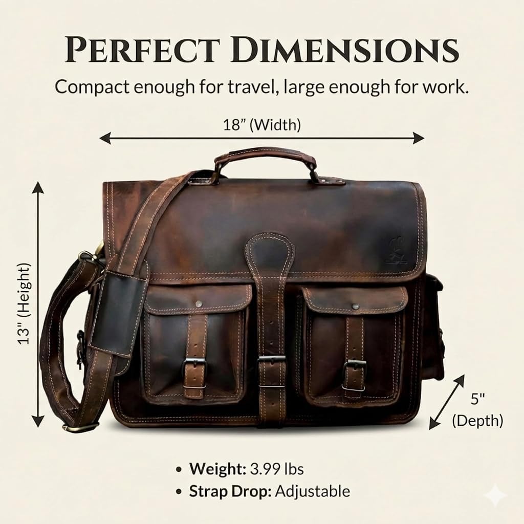 Leather Briefcase Work Bag for Men Women Dark Brown Crossbody Genuine Leather Satchel Office Bag for Men Women 18