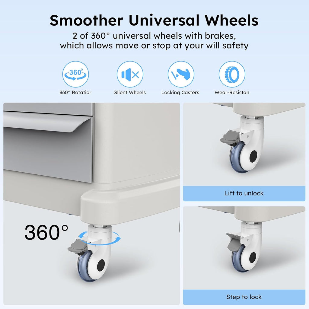 Mobile Ultrasound Cart for Imaging Scanner - Medical Trolley With 3 Drawers and 4 Universal Quiet Wheels - 110LBS