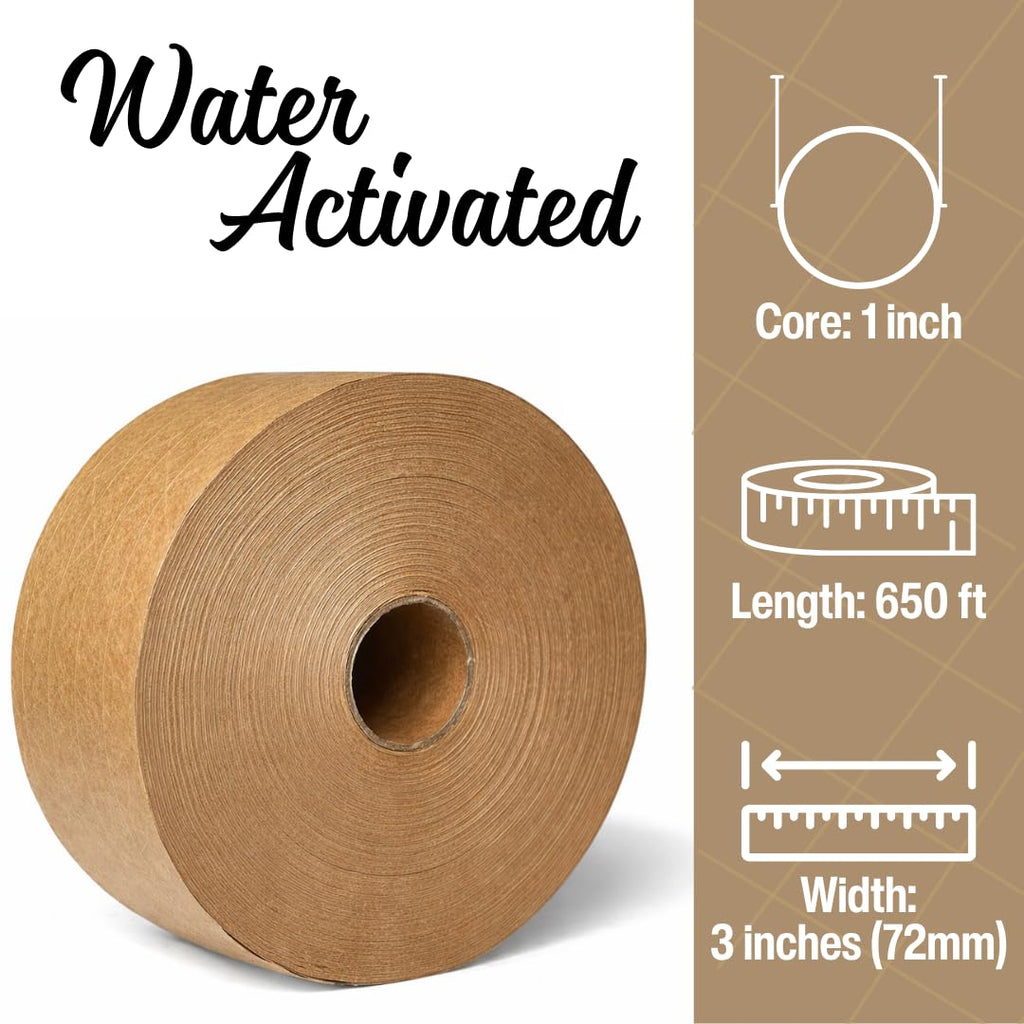 3'' x 650 Feet Reinforced Water Activated Gummed Kraft Paper Tape, Heavy-Duty Upto 50 lbs Break Strength, Secure