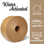 3'' x 650 Feet Reinforced Water Activated Gummed Kraft Paper Tape, Heavy-Duty Upto 50 lbs Break Strength, Secure