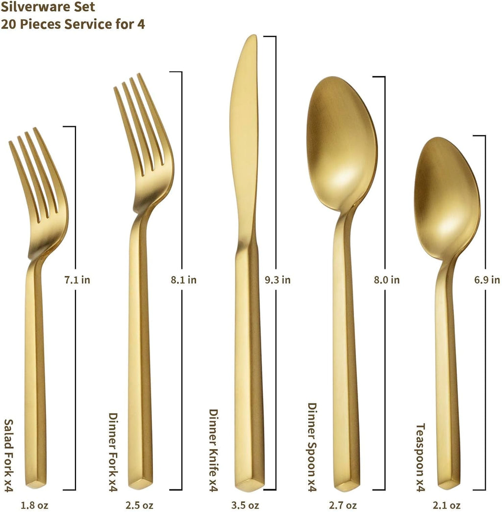 Cube Gold 20-Piece Forged Stainless Steel Matte Flatware Set for 4