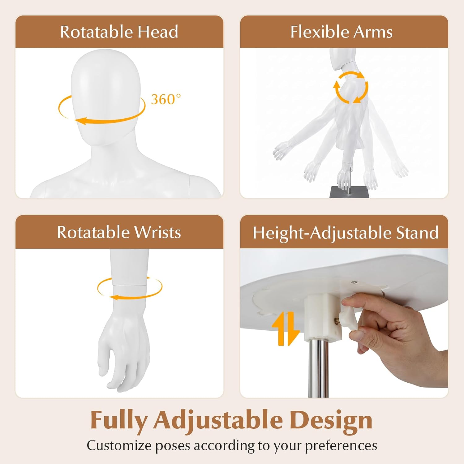 Half Body Male Mannequin Torso with Height Adjustable Metal Stand | Manikin Body with Rotating & Detachable Head