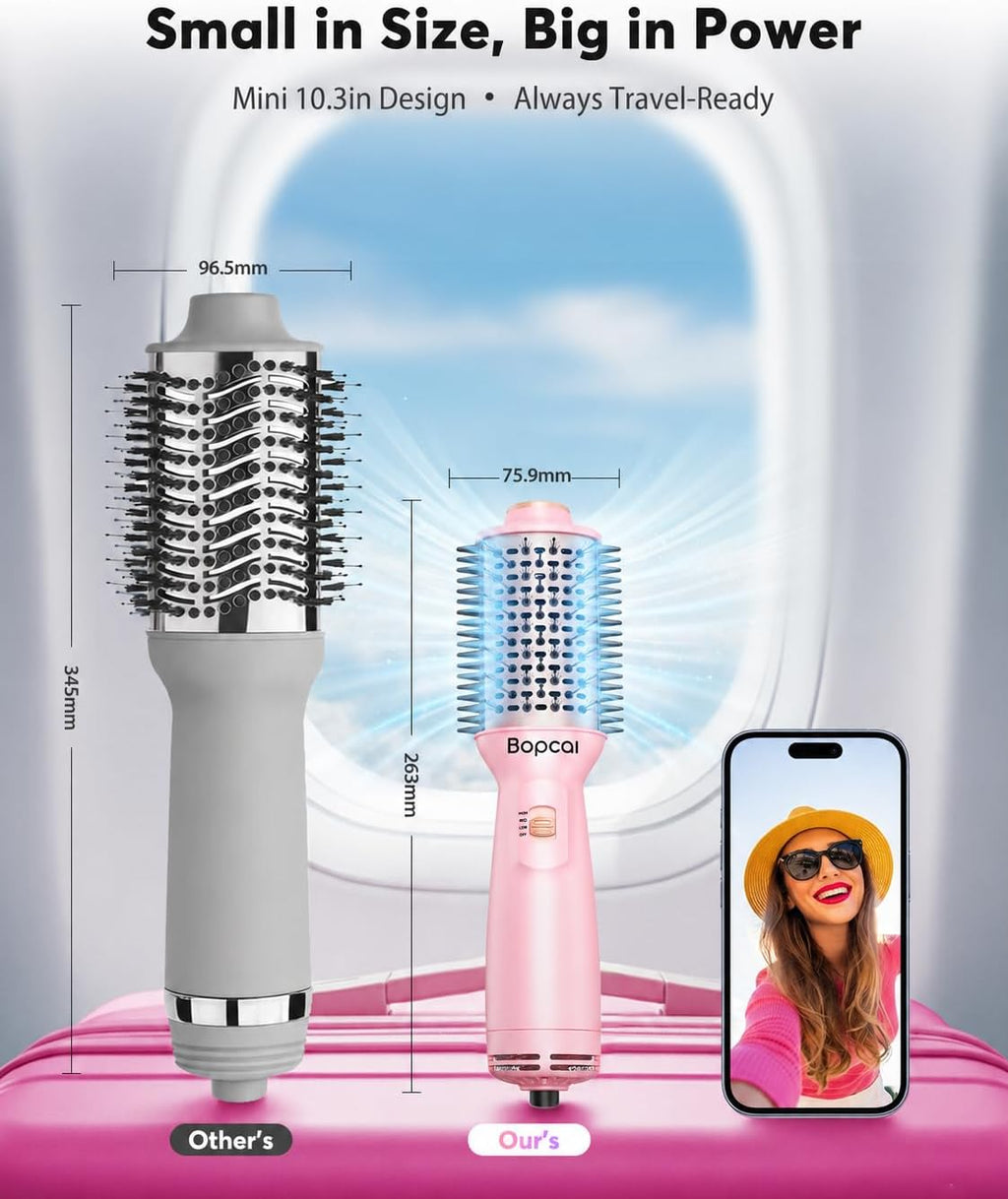 Travel Blow Dryer Brush in one, Dual Voltage 120V-240V Mini Hair Dryer Brush, Portable 2-Inch Hot Air Brush, 4-in-1