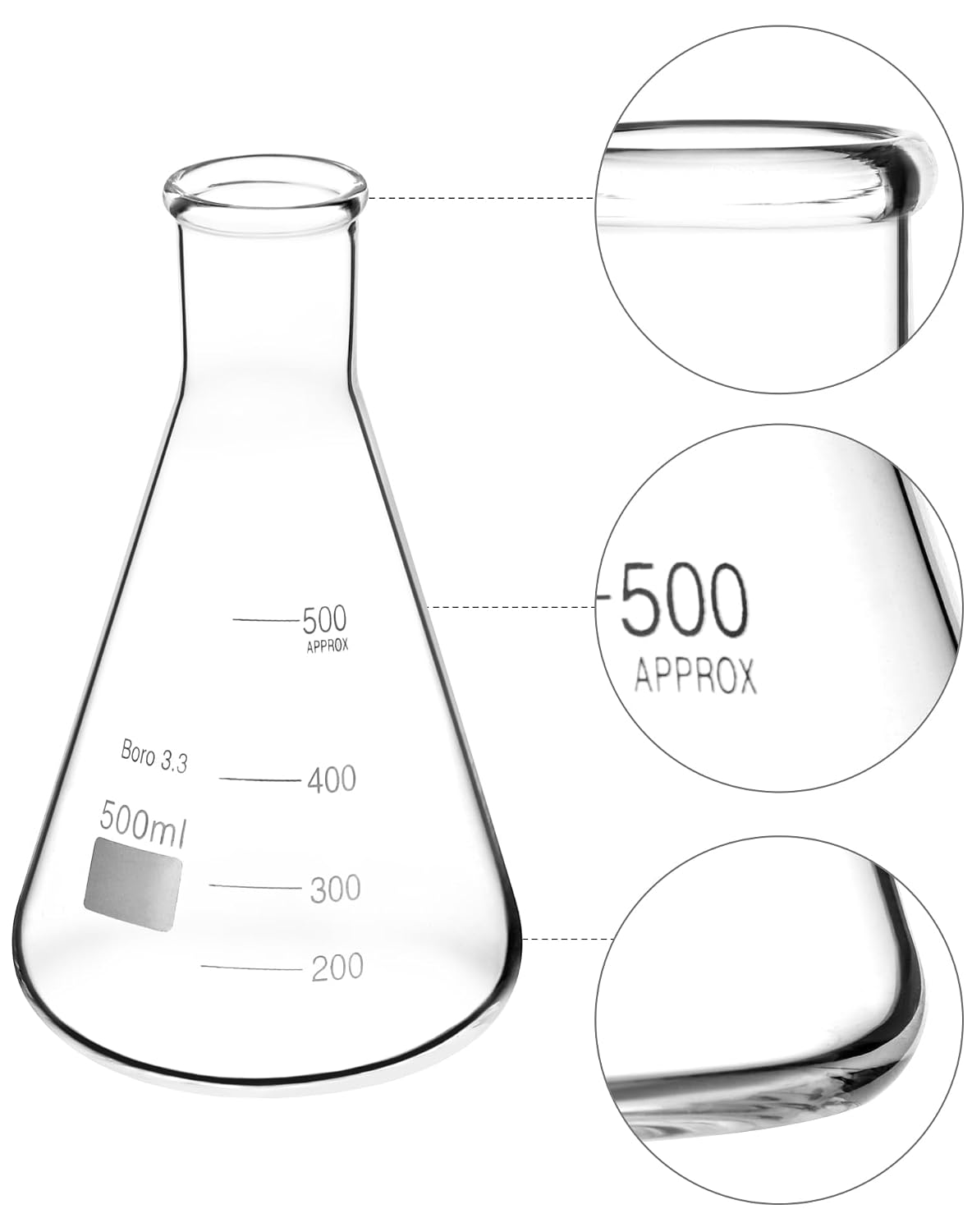 Erlenmeyer Flask Set, 2 Pcs 500ML Borosilicate Glass Conical Flasks with Narrow Mouth, Printed Scale
