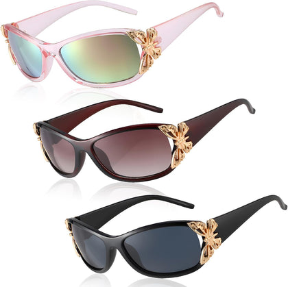 3 Pairs Y2K Sunglasses for Women, Fashion Wrap Around Butterfly Design Sun Glasses with UV400 Protection