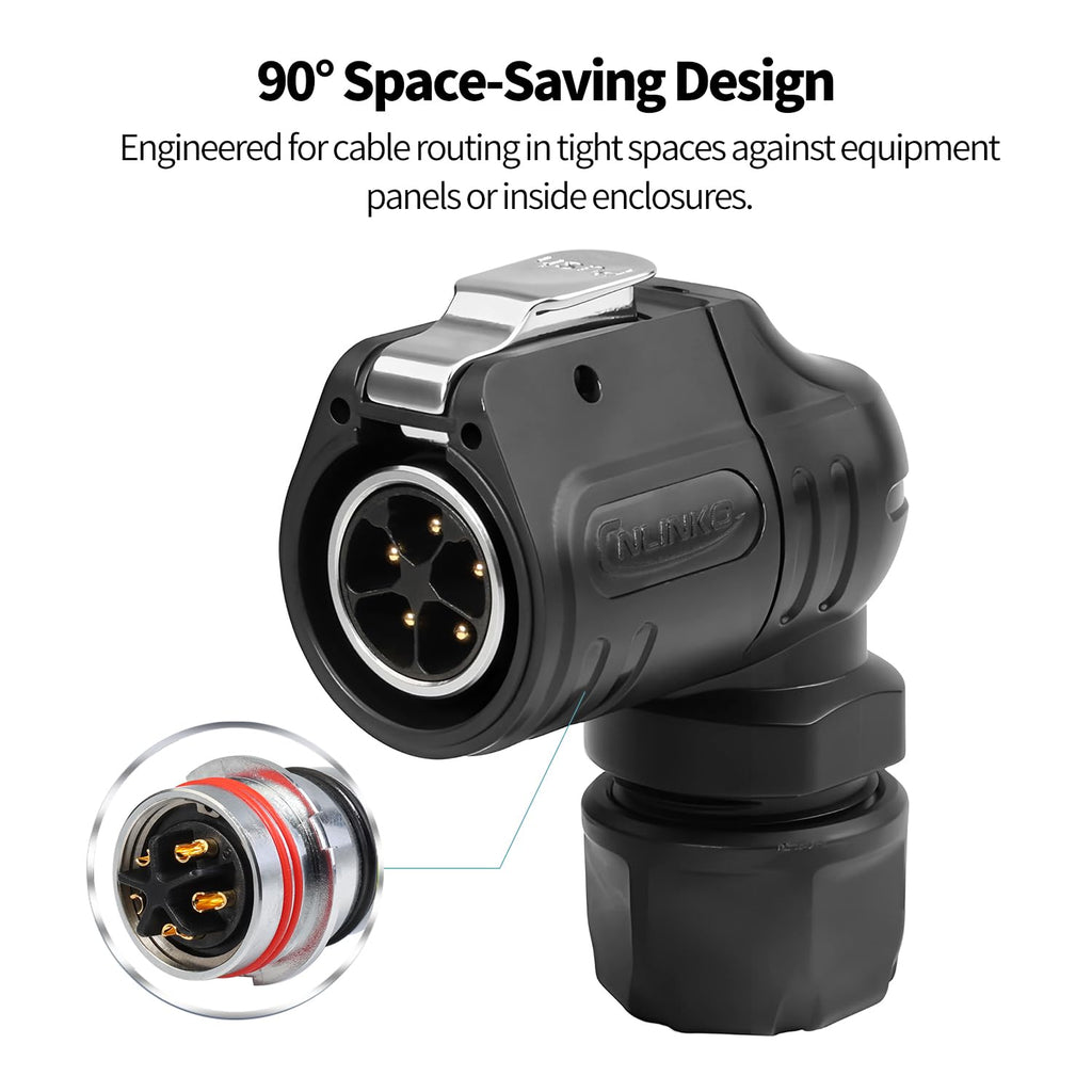 CNLINKO LP-20 5 Pin 90° Angle Waterproof Connector Electrical Power Plug Threaded Panel Mount Socket for Industrial Use