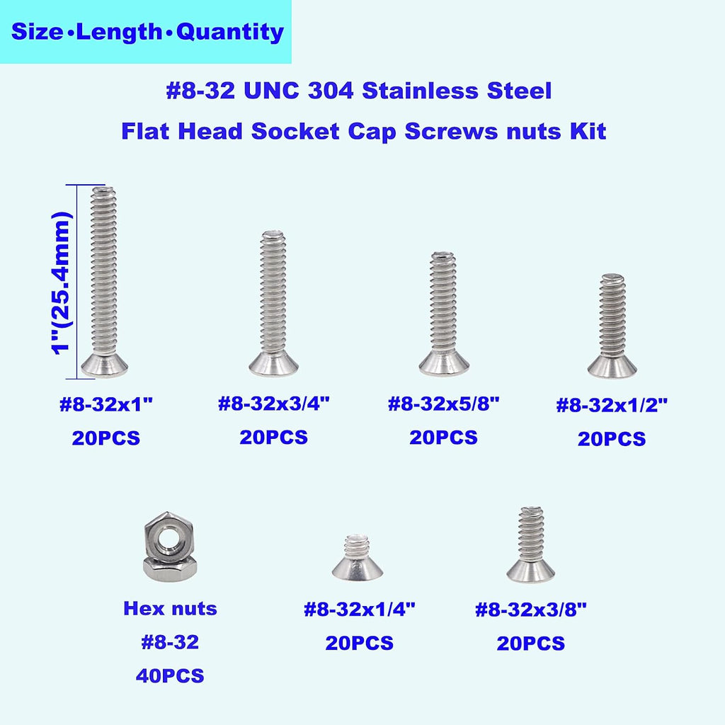 #8-32 UNC 304 Stainless Steel Flat-Head Socket Cap Screws, Nuts Kit