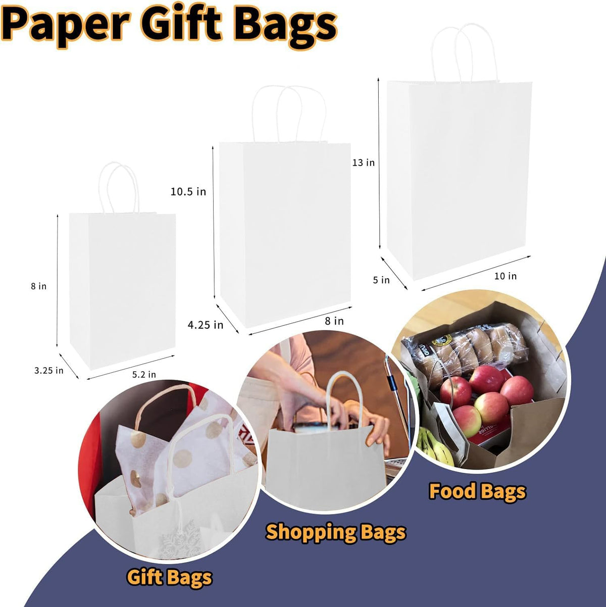 120 pack White Gifts Bags with Handles Assorted Sizes Mixed Sizes Bulk Kraft Paper Gift Bags Take Out Bags for