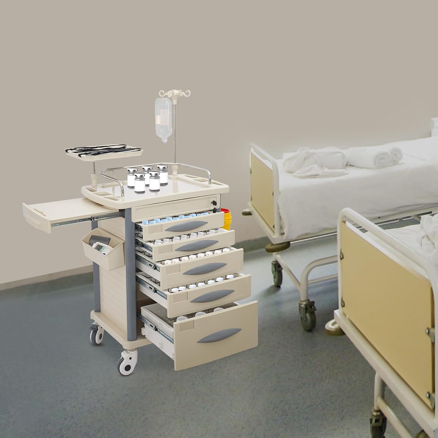 Medical Rolling Crash Cart with Accessories-CPR Board, 2 Trash Bin, Drawers with Dividers, Mobile Medical Cart for
