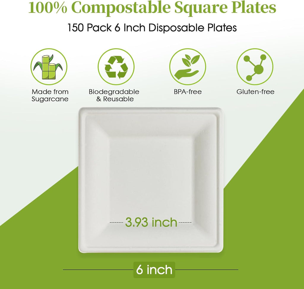 150 Piecs Compostable Square Paper Plates, 6 inch, White
