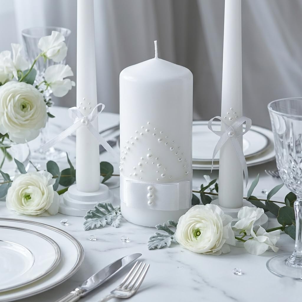 Pearl Promise Unity Candle Set for Wedding Ceremony Handmade White 6" Pillar & 2 Taper 10" Candles with Pearl Ribbon