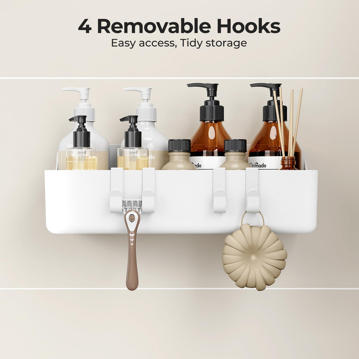 Shower Caddy 2-Pack, No-Drill Adhesive Shelves with 4 Hooks for Bathroom, Rustproof ABS Plastic Storage Organizer