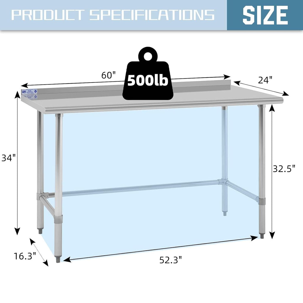 Hally Open Base Stainless Steel Table 24"x60" Prep&Work Tables Backsplash