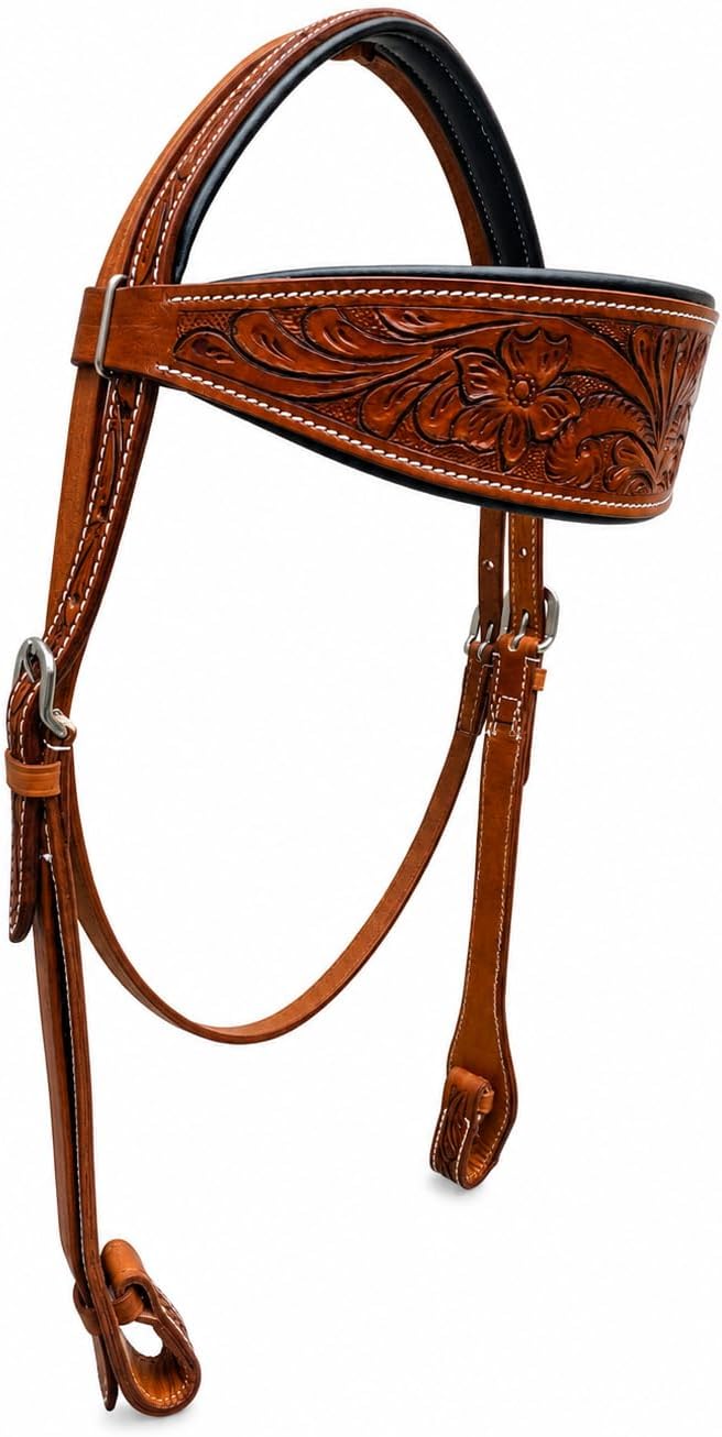 Hottmess Horse Headstall, Natural, Super Leather, Antique, Tooling, Quick Bit Change Western Headstall (Browband, Full)