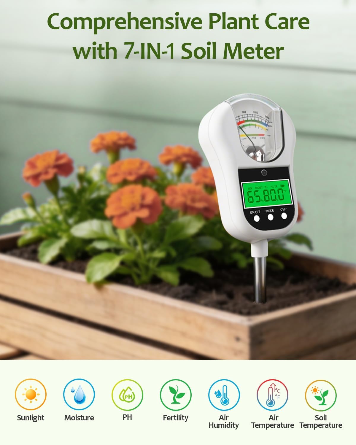 7-in-1 Soil Test Kit, Soil Moisture Meter/pH Meter/Light Intensity/Fertility/Air & Soil Hygrometer Temperature with