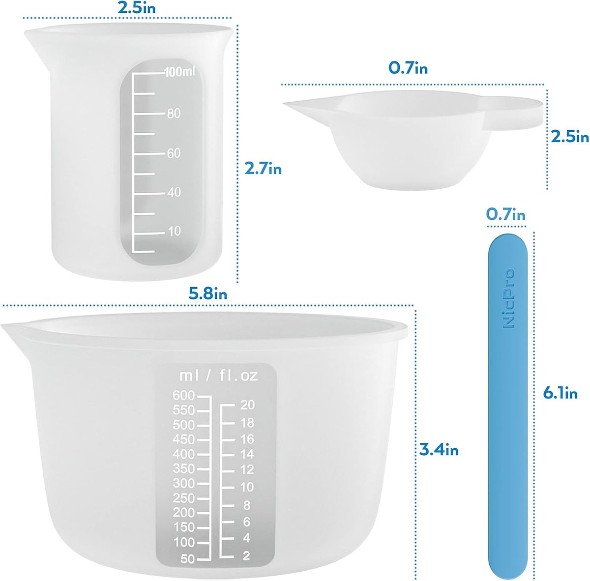Large Silicone Resin Measuring Cups Tool Kit - Nicpro Reusable 600ml & 100ml Measure Cup, Silicone Stir Sticks