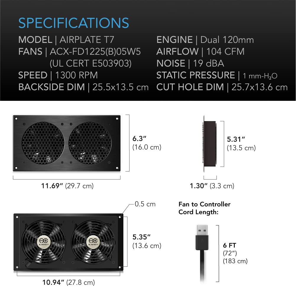 AC Infinity AIRPLATE T7, Quiet Cabinet Cooling Fan System 12"