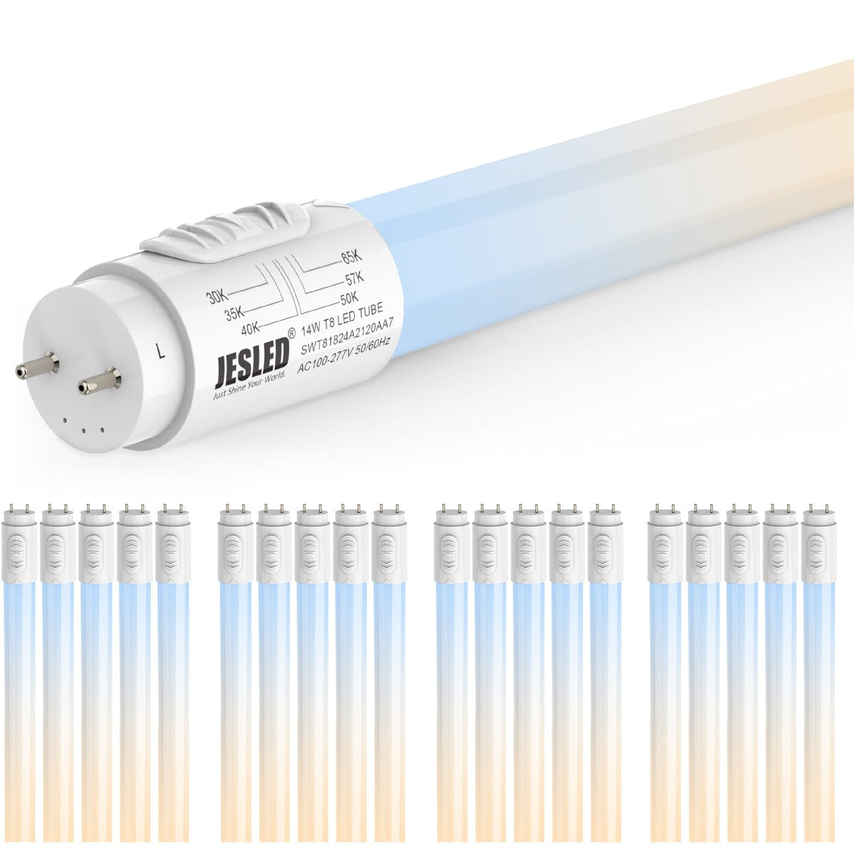 T8 LED Bulbs 4 FT, 6CCT Selectable 3000K-6500K, 20 Pack, ETL Listed