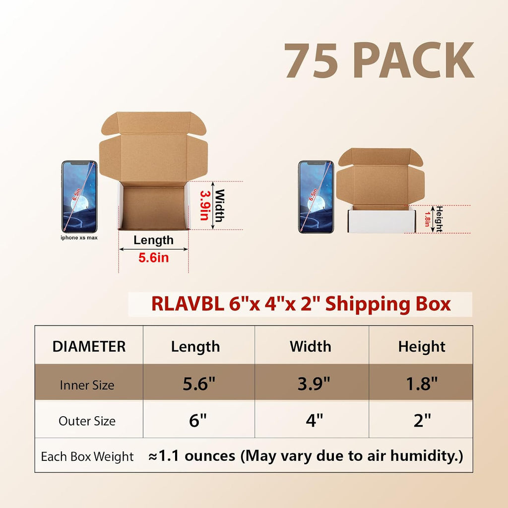 75 Pack 6x4x2 Small Shipping Boxes, White Corrugated Cardboard Mailer Box for Packing, Mailing, Business