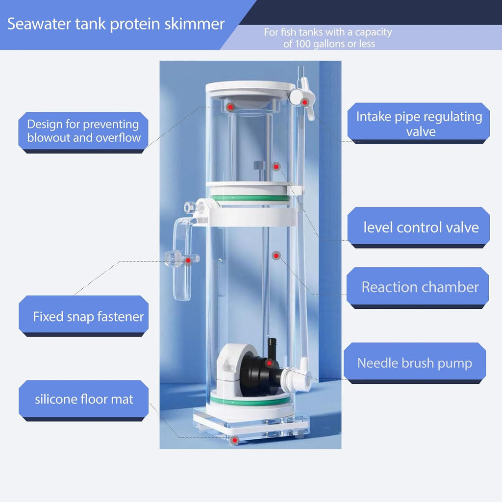 Protein skimmer for saltwater aquariums, suitable for coral tanks with a capacity of no more than 80 gallons. DC