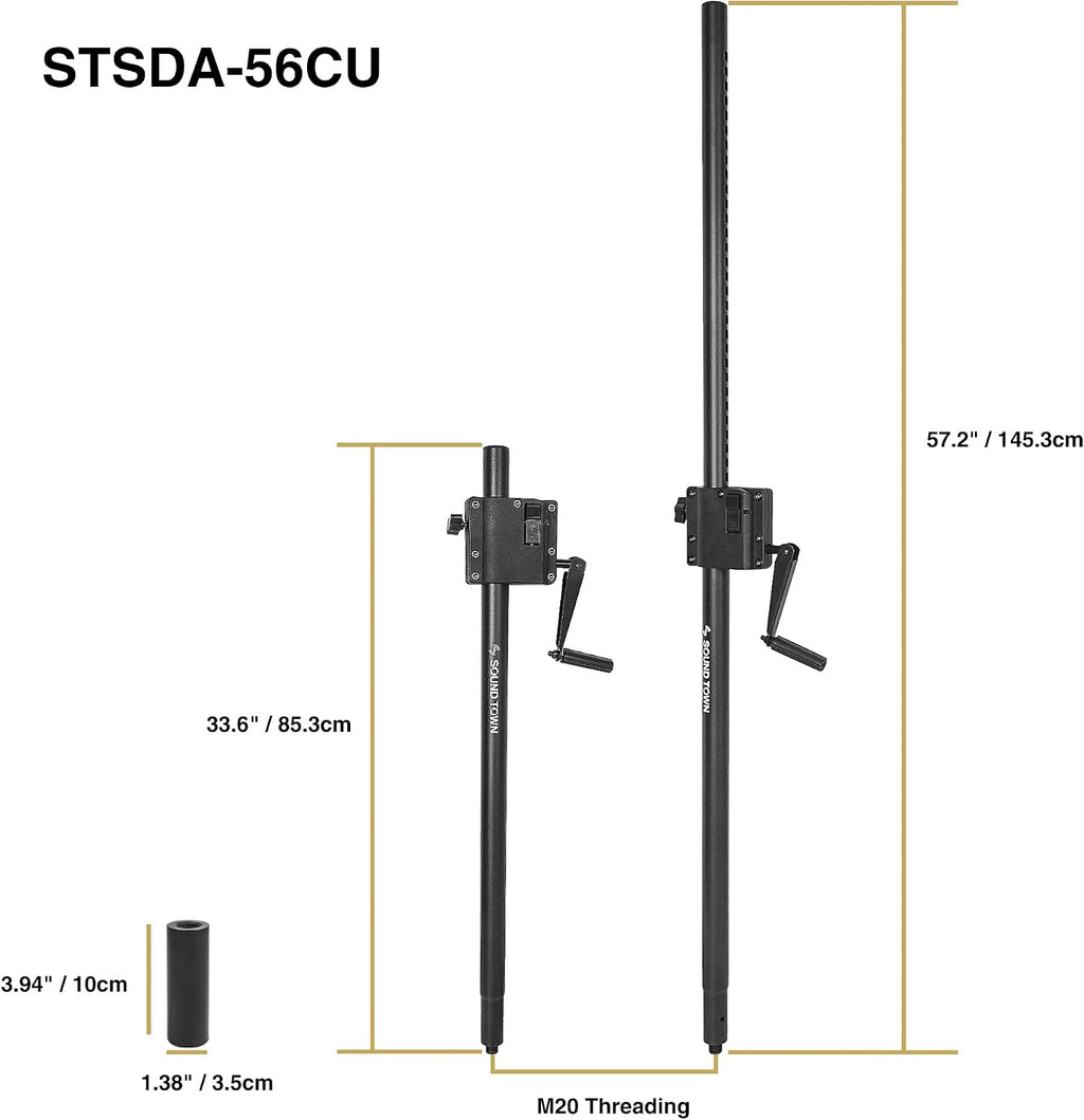2-Pack Crank-Up Adjustable Height Speaker Subwoofer Poles (34"-57") with 35mm & M20 Mount Adapters, Carry Bag, 100 LB