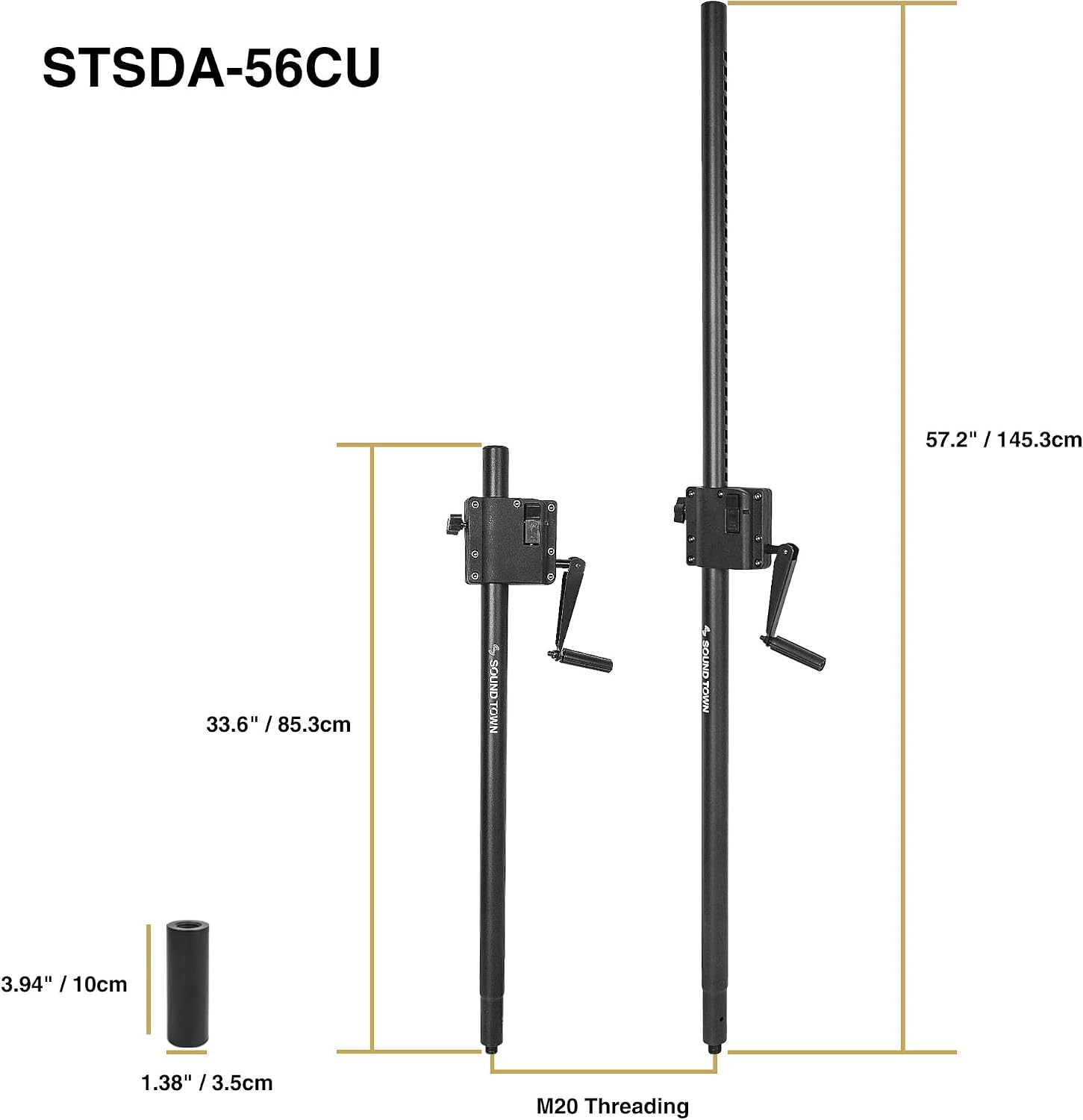 2-Pack Crank-Up Adjustable Height Speaker Subwoofer Poles (34"-57") with 35mm & M20 Mount Adapters, Carry Bag, 100 LB