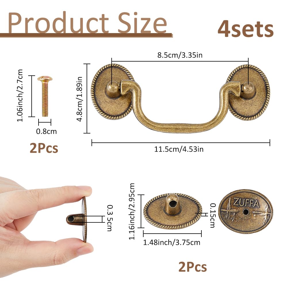 4 Set Vintage Bail Pull Handle 3.5" Hole Center Drawer Handle