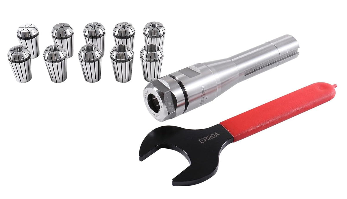 Accusize Industrial Tools 10 Pcs Er20 Collet R8 Bridgeport Shank Plus 1 Wrench in Fitted Case, 0223-0954