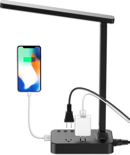 LED Desk Lamp for College Dorm Room, Desk Light with 1 USB Charging Port 2 AC Power Outlet, 3 Lighting Modes, 3 Level