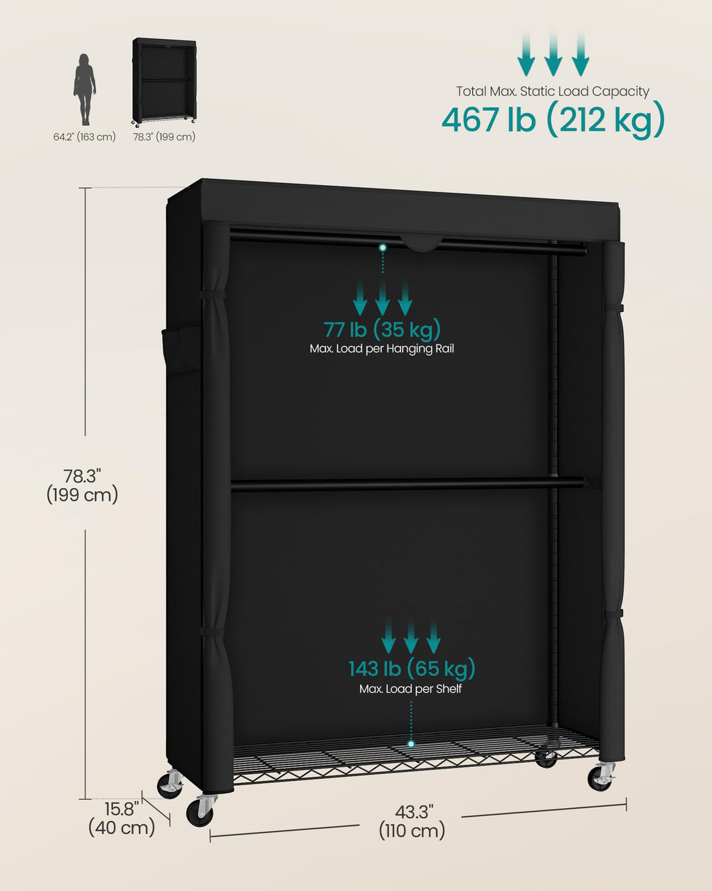 Heavy-Duty Clothes Rack, Portable Closet on Wheels, Fabric Cover