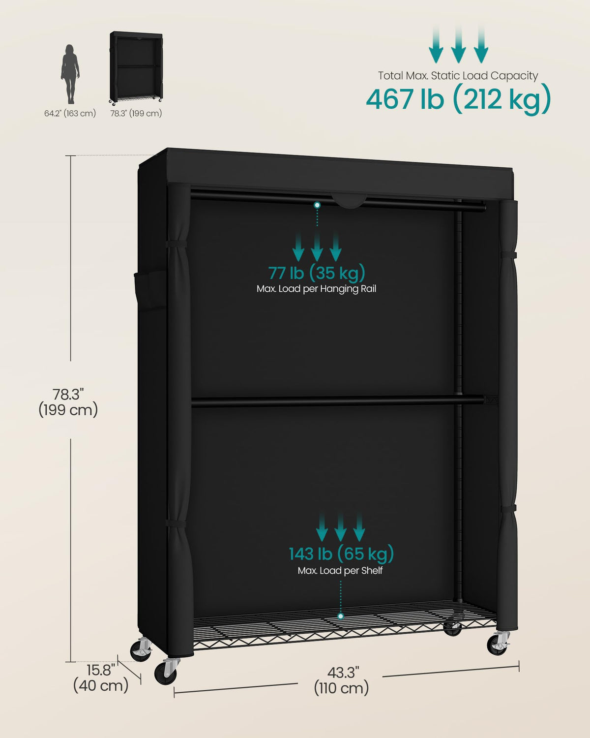 Heavy-Duty Clothes Rack, Portable Closet on Wheels, Fabric Cover