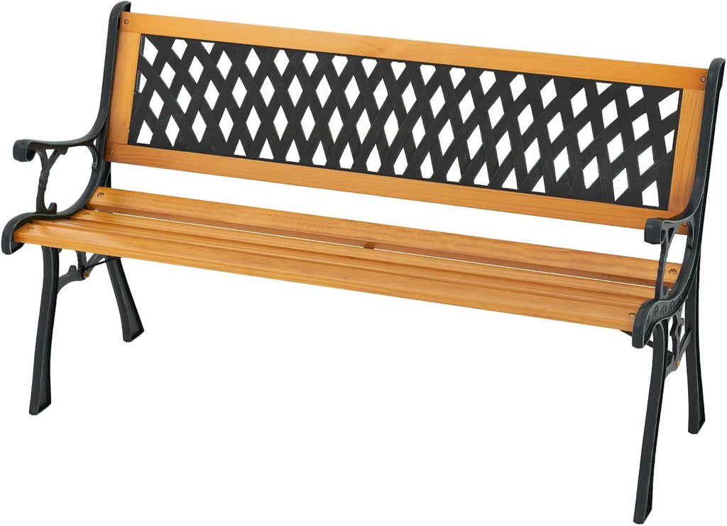 49.5" 3-Person Outdoor Bench with Lattice Pattern Backrest, 470 Lbs Capacity, Slatted Seat, Curved Armrests, Cast