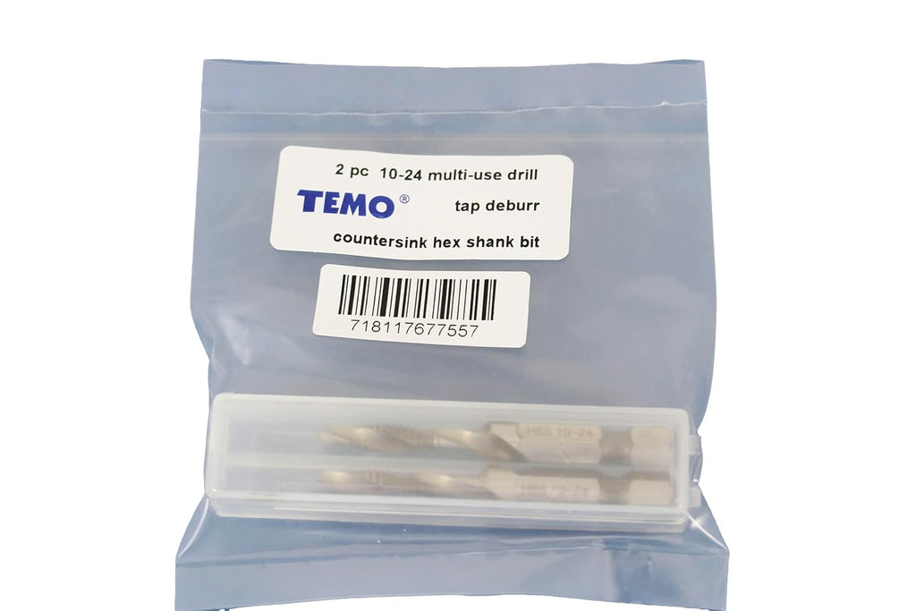 TEMO 2p M2 HSS 10-24 Combination Drill and Tap Deburr Countersink Hex Bit