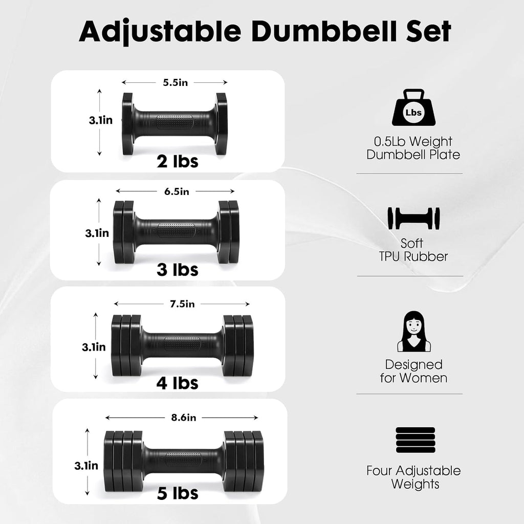 Adjustable Dumbbell Set, 4 in 1 Free Weights Dumbbells Set for Women, Weights for Women at Home, 2lb 3lb 4lb 5lb with