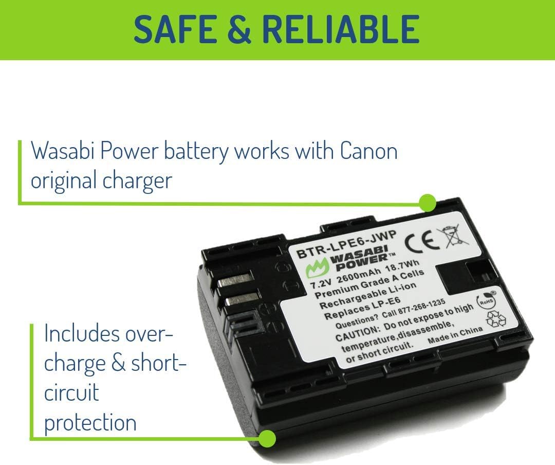 LP-E6, LP-E6N Battery (2-Pack) for Canon EOS 5D Mark II/III/IV, 5DS, 5DS R, 6D, 6D Mark II, 7D, 7D Mark II, 70D, 80D