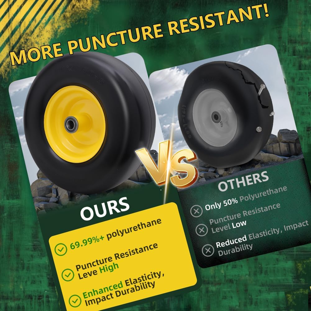 (2 Pack) 13x6.50-6 Flat Free Front Tire and Wheel,13x6.5-6 Lawn Mower Tires, Solid Tractor Turf Tire,5.5"-8" Centered