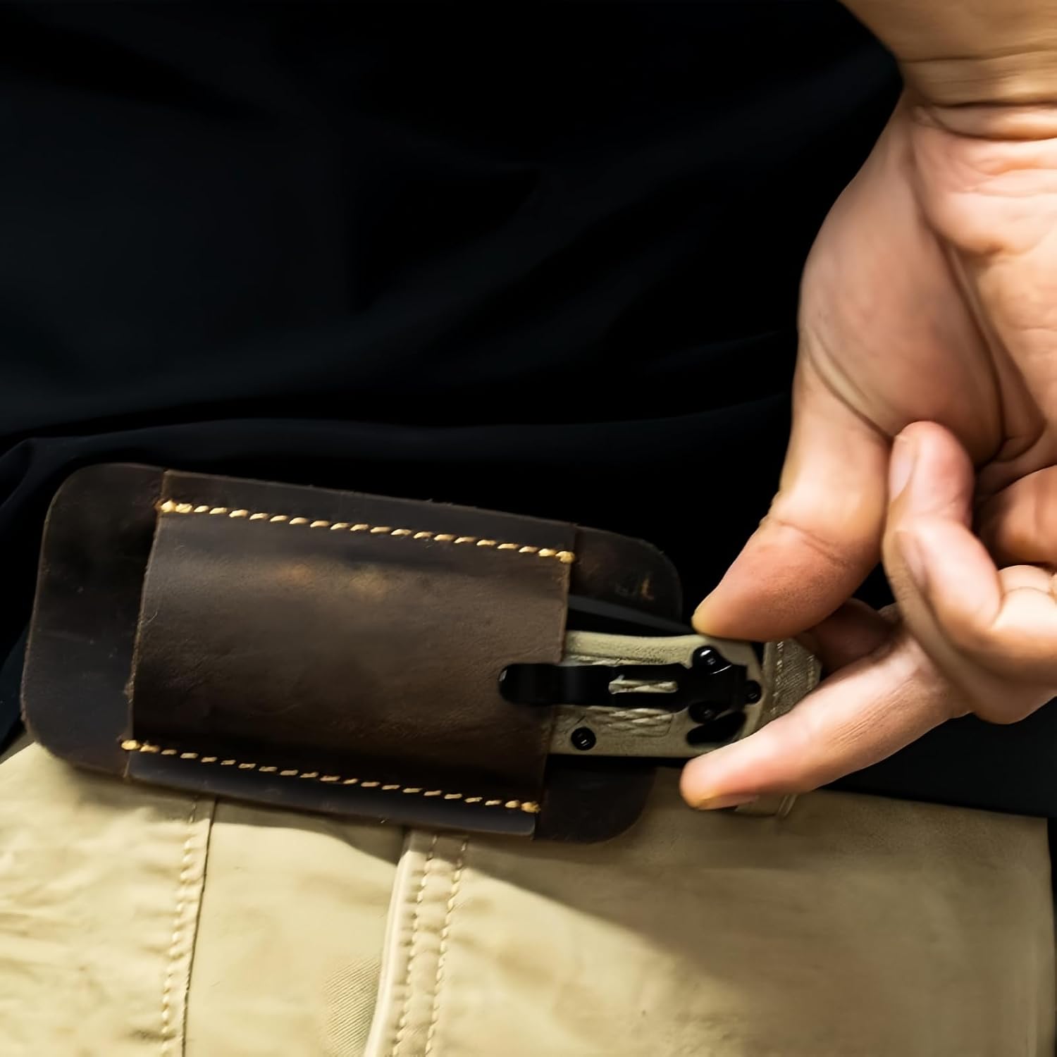 Leather Knife Sheath, Horizontal Carry Knife Sheath for Belt, Pocket Knife Holster, EDC Pocket Belt Pouch Organizer