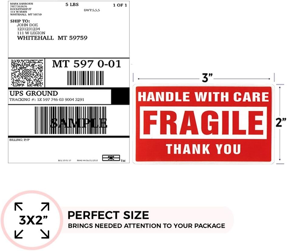 50 Sheets 2 x 3 in Fragile Stickers for Moving and Shipping