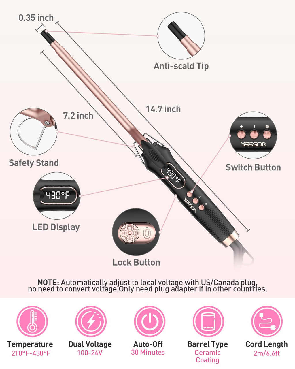 3/8 inch Thin Curling Iron,Extra Long Barrel for Tight Curls
