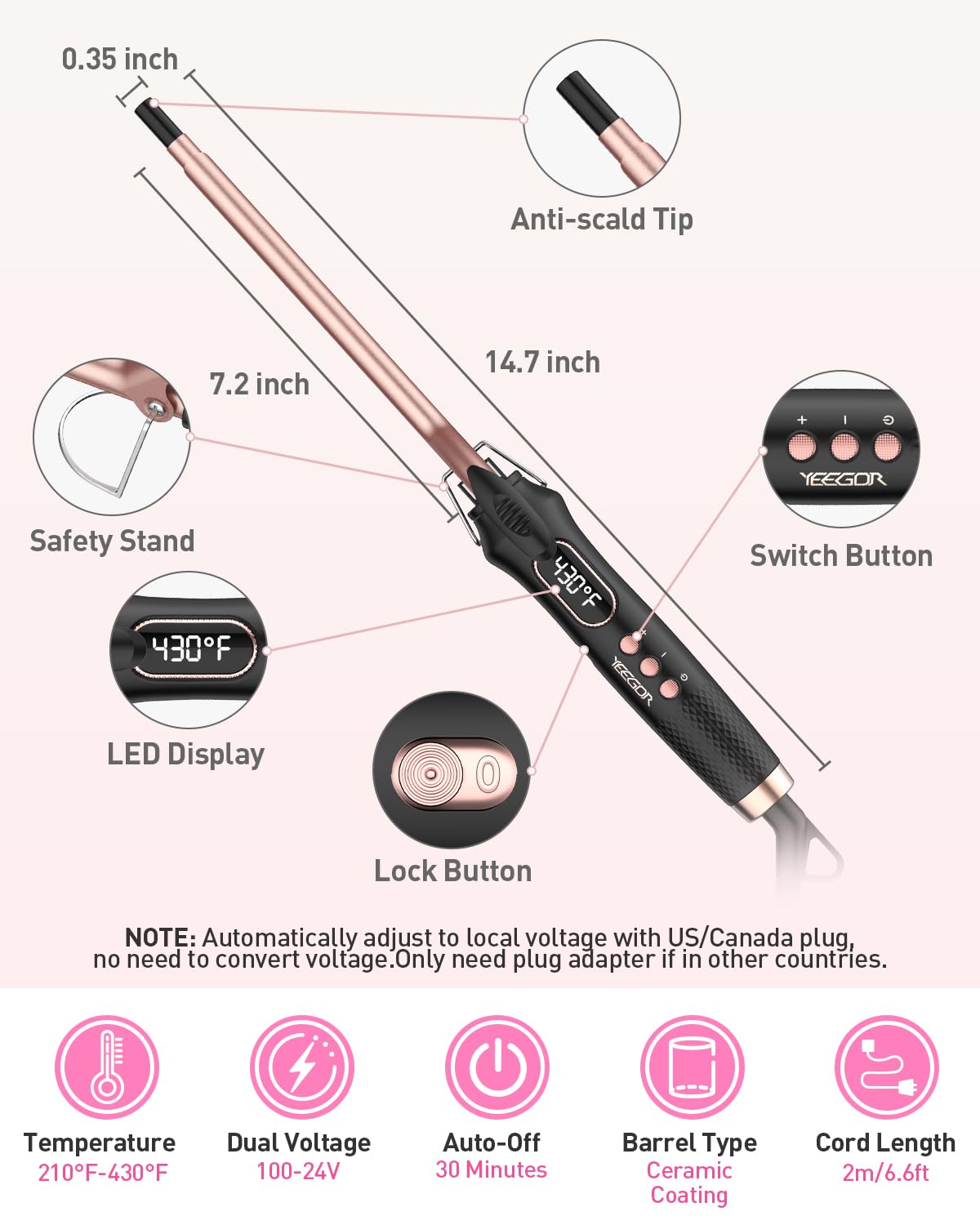 3/8 inch Thin Curling Iron,Extra Long Barrel for Tight Curls