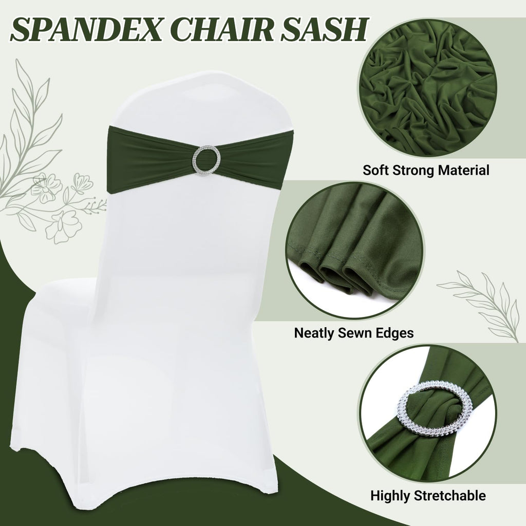 Olive | Spandex Chair Sashes Bows | 100 PCS | Stretch Elastic Banquet Universal Folding Chair Band Tie with Silver