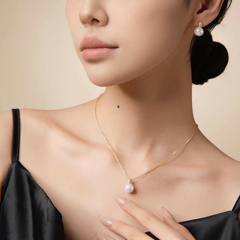 Classic Pearl Jewelry Set for Women – Elegant Pearl Necklace and Earrings Set with 14K Gold Plated Silver Chain