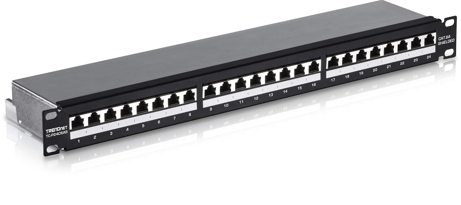 24-Port Cat6A Shielded Patch Panel, TC-P24C6AS | 1U 19" Metal Housing, 10G Ready,Cat5e,Cat6,Cat6A Compatible,Cable