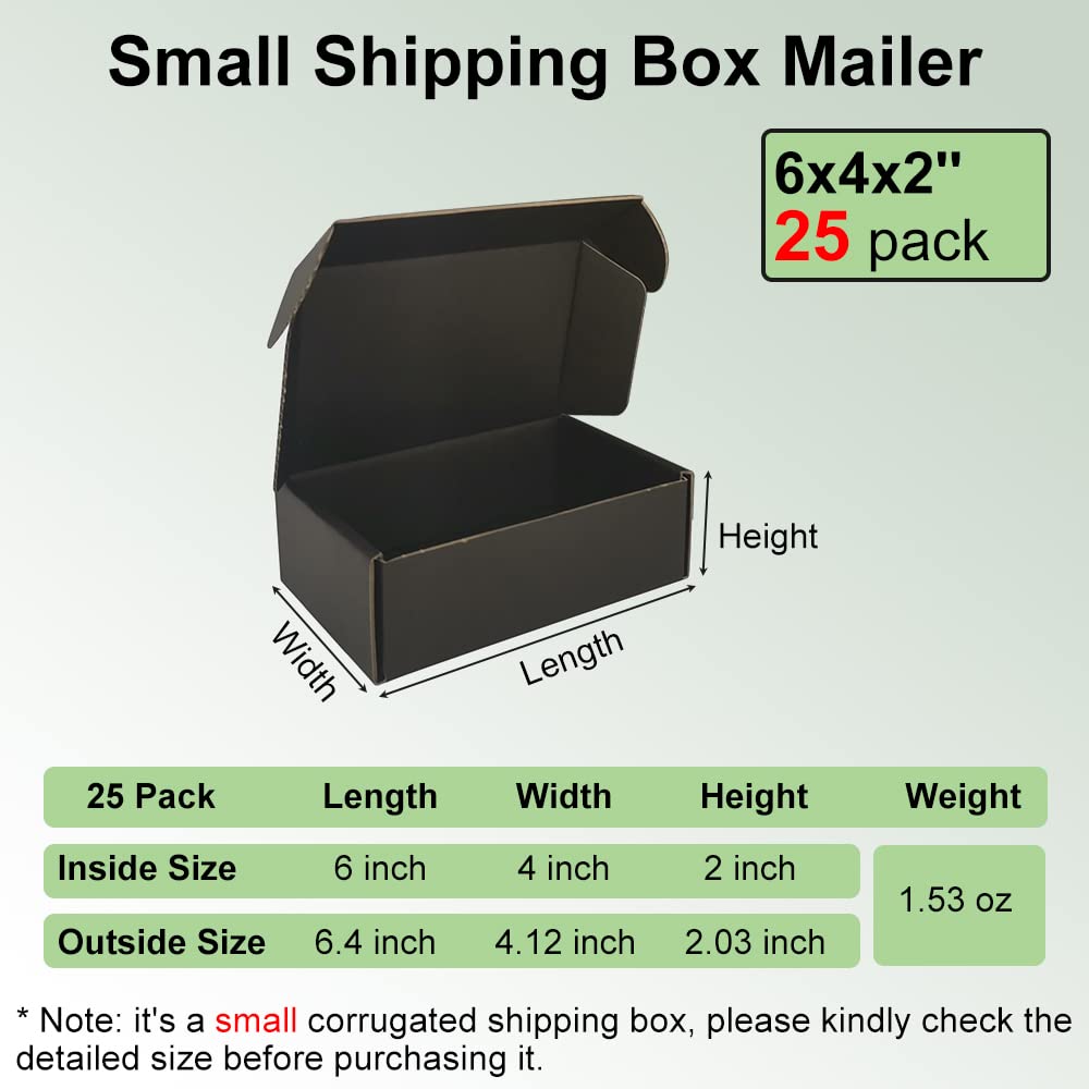 6x4x2'' Small Shipping Boxes 25 Pack, Black Corrugated Cardboard Literature Mailers, Mailing Packaging Supplies for