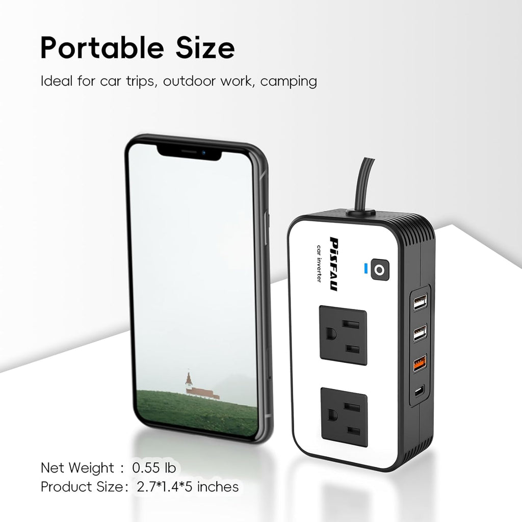 200W Car Power Inverter, PiSFAU DC 12V to 110V AC Car Plug Adapter Outlet with [20W USB-C] /USB-Fast Charger(18W) /