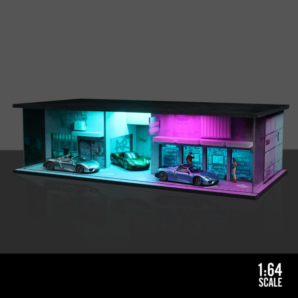 1/64 Neon Style LED Diorama Display Case for Model Car & Figures | Compatible with Hot Wheels Matchbox Mini GT