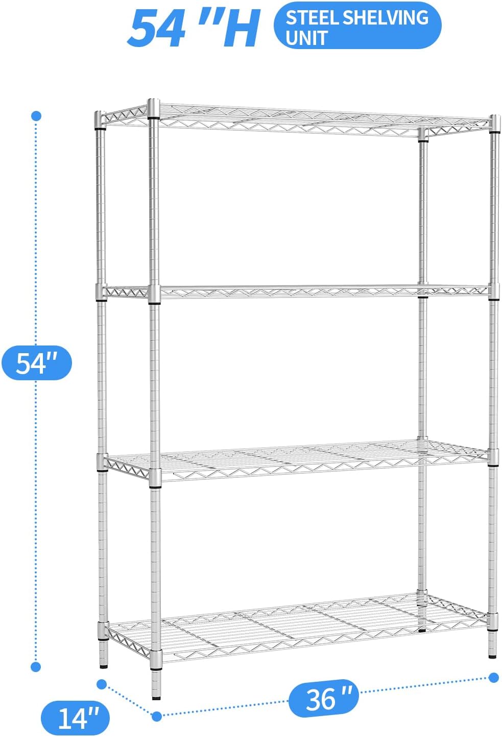 4-Tier Wire Storage Shelves | 36x14x54 | Chrome | with Adjustable Racks | Heavy-Duty Metal Shelf, Holds Upto 1000 lbs