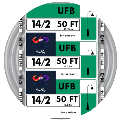 14/2 UF-B Copper Wire 14 Gauge Outdoor Direct Burial Electrical Underground Cable 14AWG 2 Connector Insulated Jacket