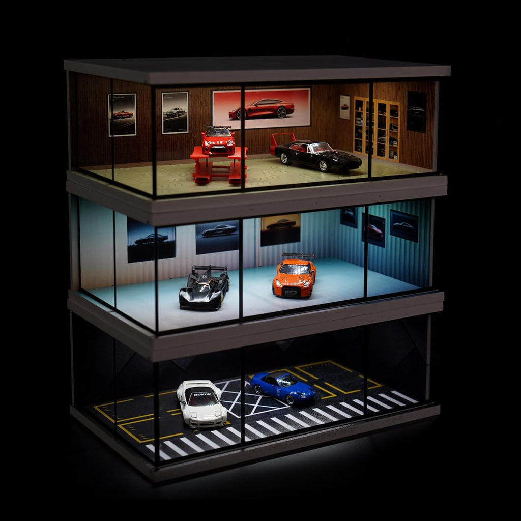 1:64 Scale LED Display Case for Diecast Cars, Vintage Wood Grain Pattern | LED Lighting, Fully Enclosed Dust-Reducing
