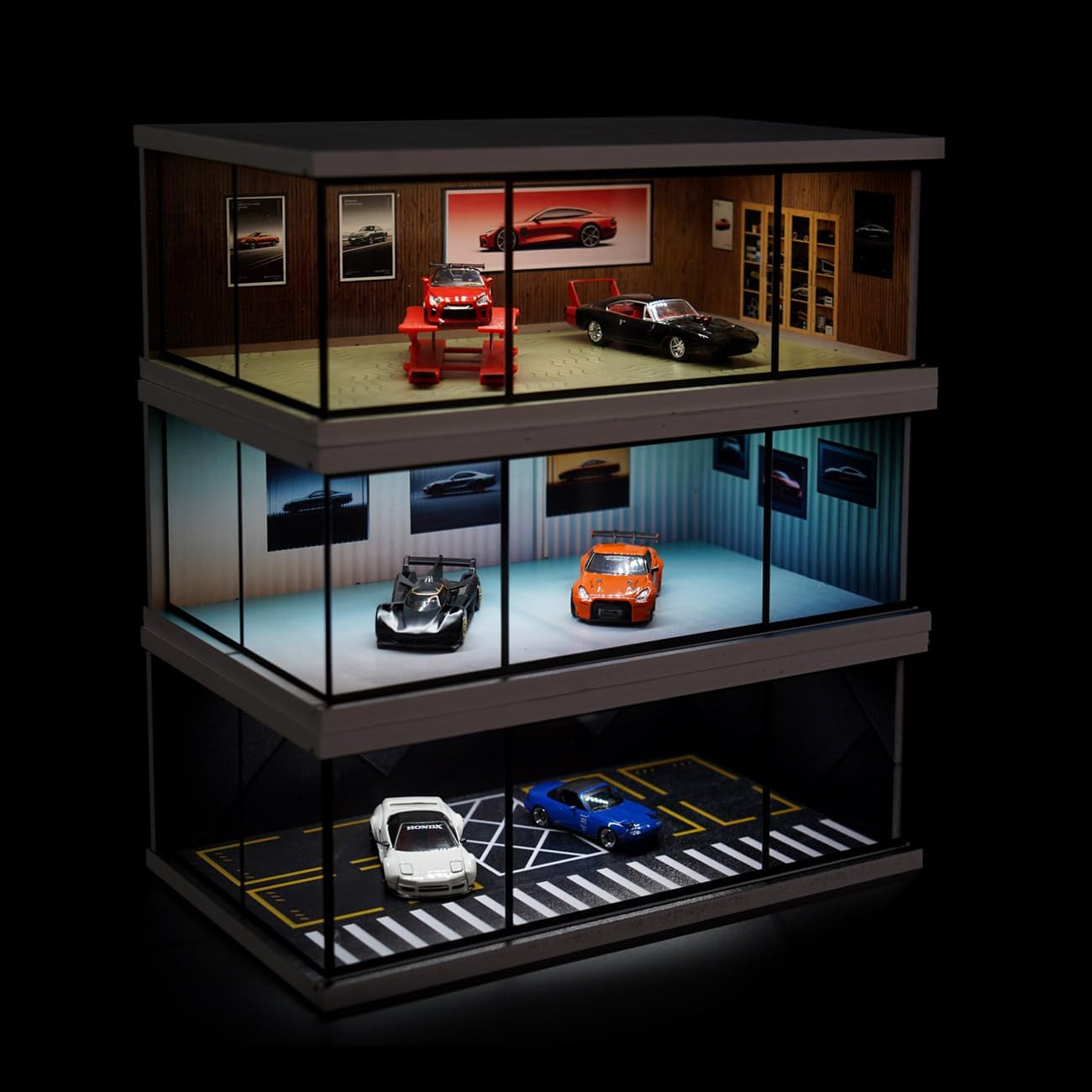 1:64 Scale LED Display Case for Diecast Cars, Vintage Wood Grain Pattern | LED Lighting, Fully Enclosed Dust-Reducing